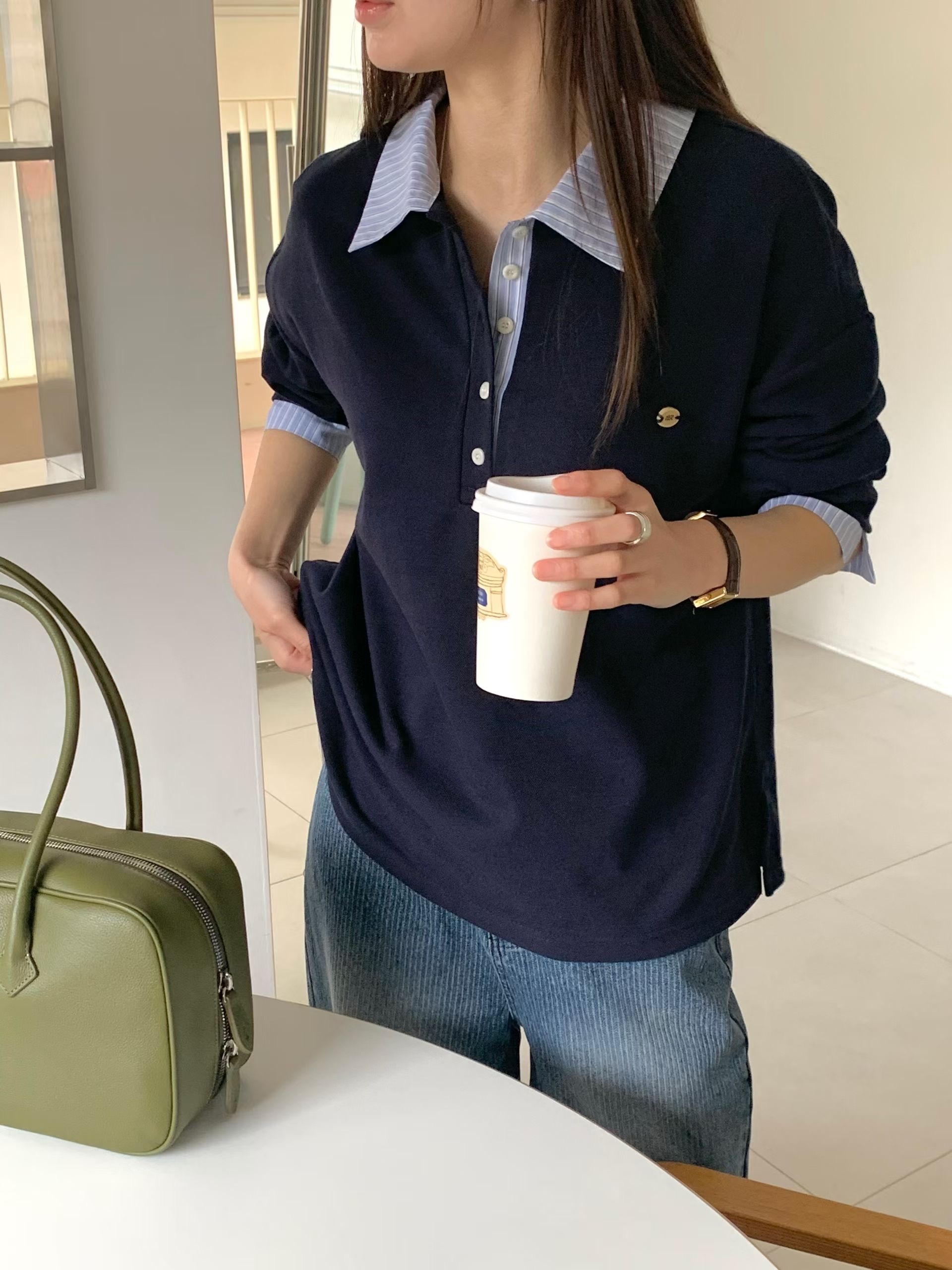 #228N716 自在疊穿感，條紋翻領上衣