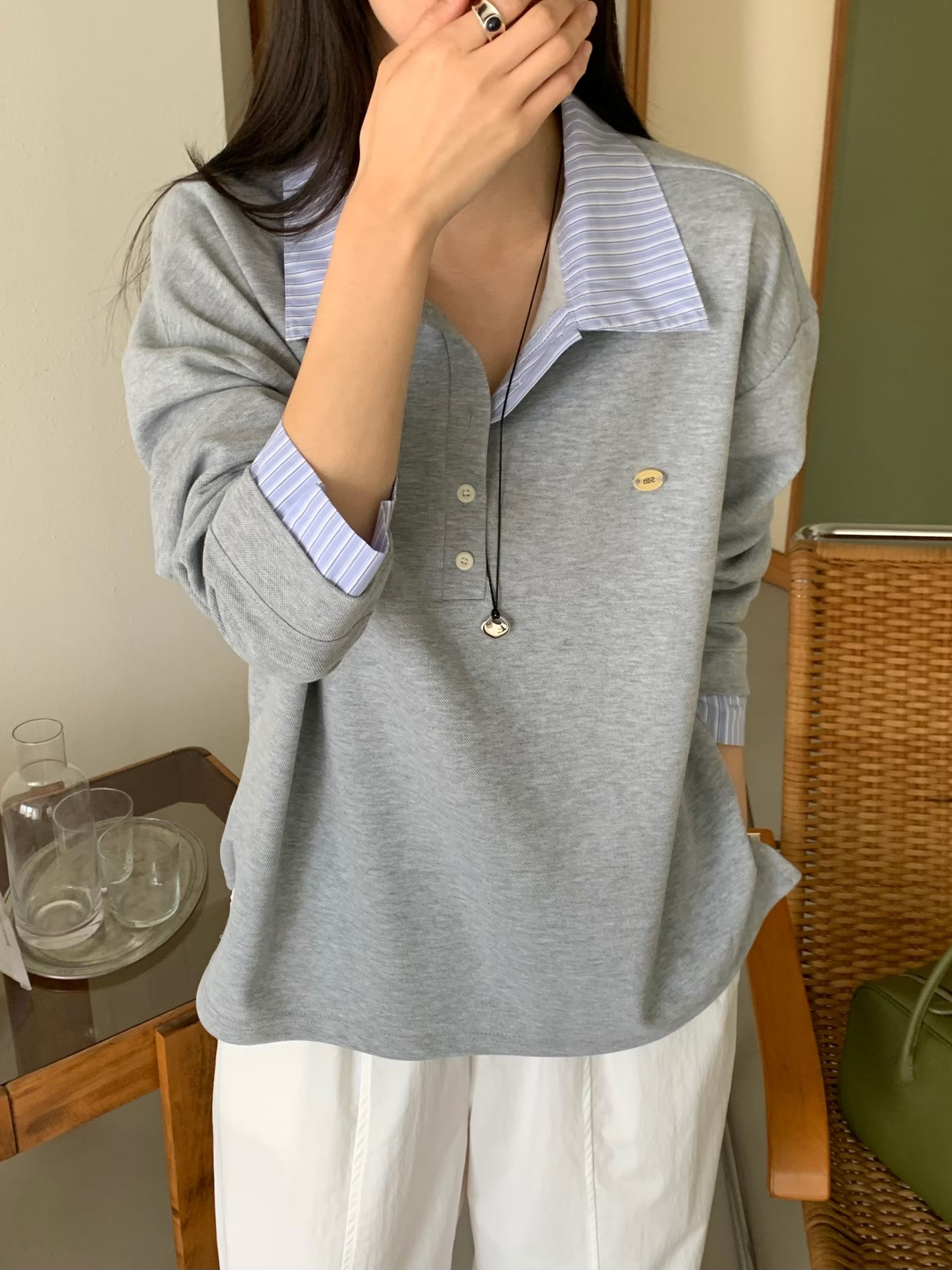 #228N716 自在疊穿感，條紋翻領上衣