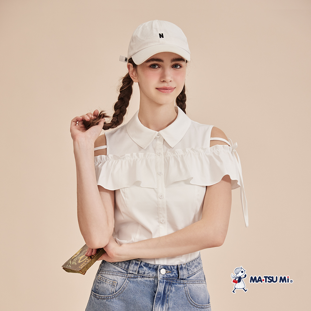 MA‧TSU Mi 輕甜浪漫挖肩荷葉邊飾繫帶短袖襯衫(白.深藍)