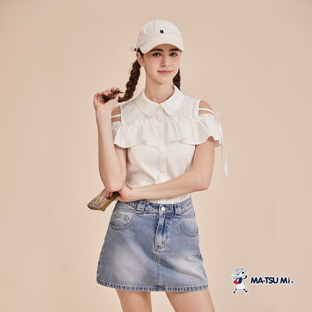 MA‧TSU Mi 輕甜浪漫挖肩荷葉邊飾繫帶短袖襯衫(白.深藍)