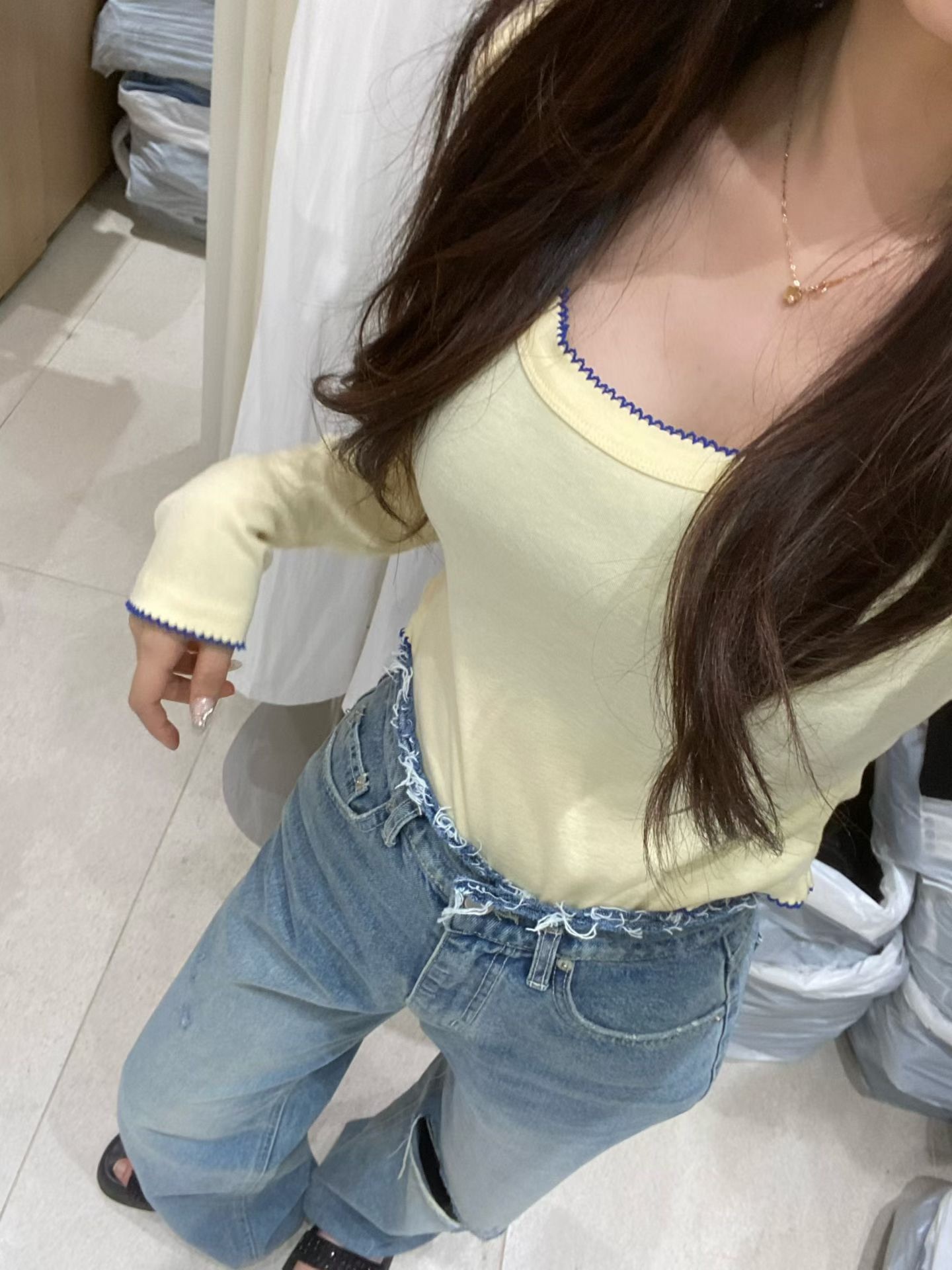 韓國不修邊激推高腰牛仔褲/小姐姐滾邊上衣