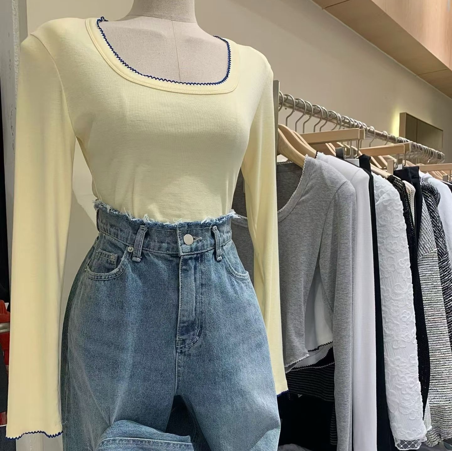 韓國不修邊激推高腰牛仔褲/小姐姐滾邊上衣