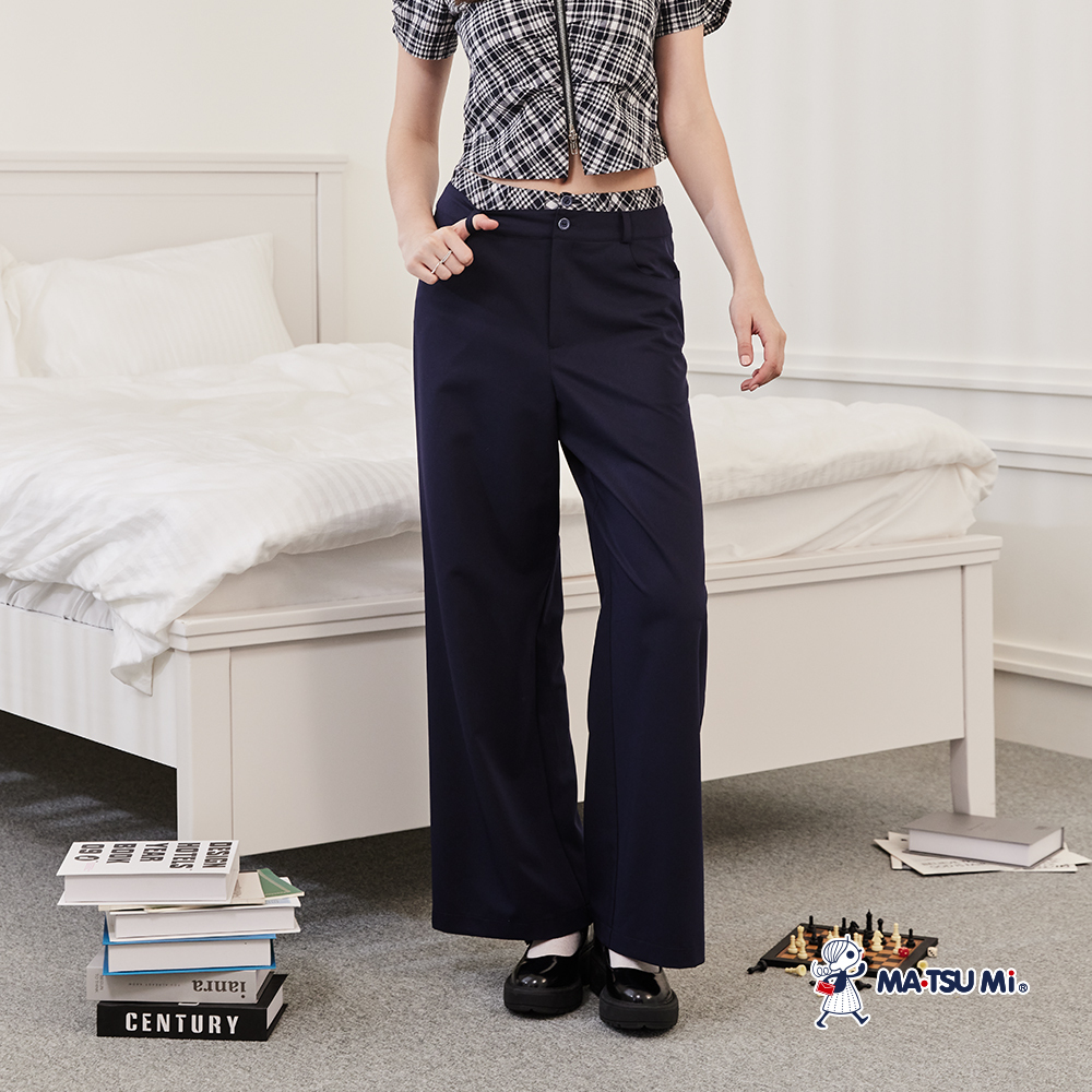 MA‧TSU Mi 涼感莫代爾學院風格紋假兩件設計高腰闊腿褲(粉紅.深藍)