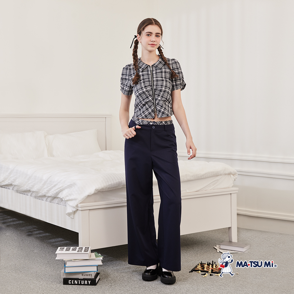MA‧TSU Mi 涼感莫代爾學院風格紋假兩件設計高腰闊腿褲(粉紅.深藍)