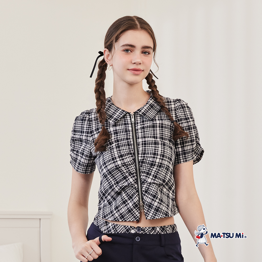 MA‧TSU Mi 學院風格紋鹽縮布雙拉鍊合身短版夾克襯衫(深藍)