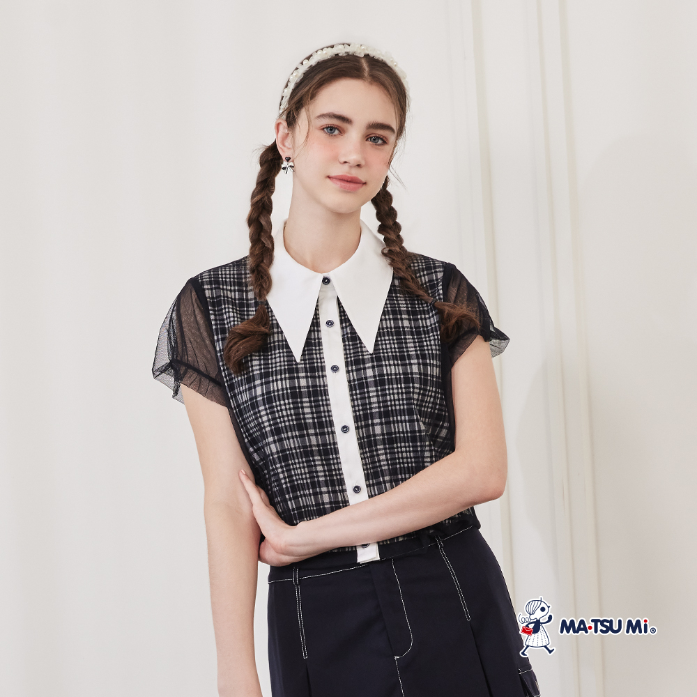 MA‧TSU Mi 學院風格紋鹽縮布翻領網紗襯衫(深藍)