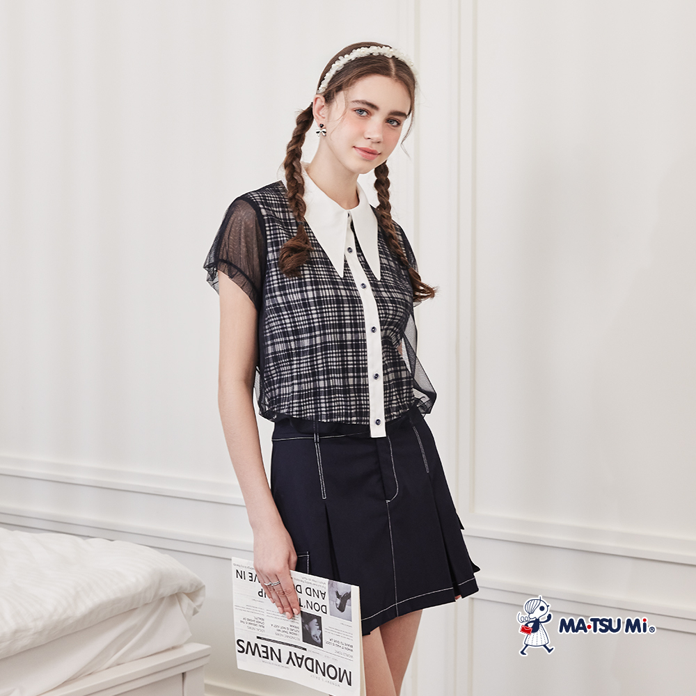 MA‧TSU Mi 學院風格紋鹽縮布翻領網紗襯衫(深藍)