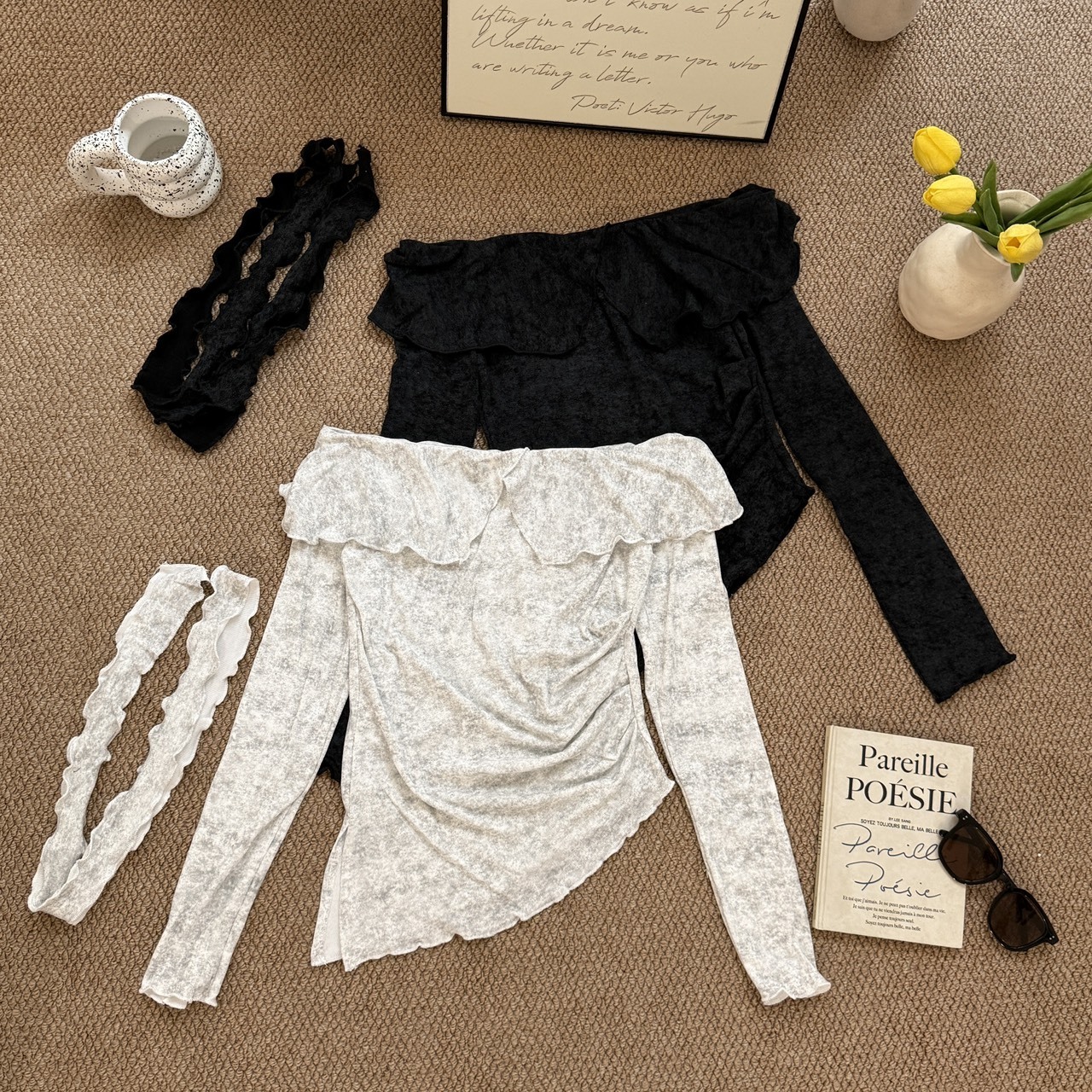 1091渲染翻領一字領綁帶上衣(R)