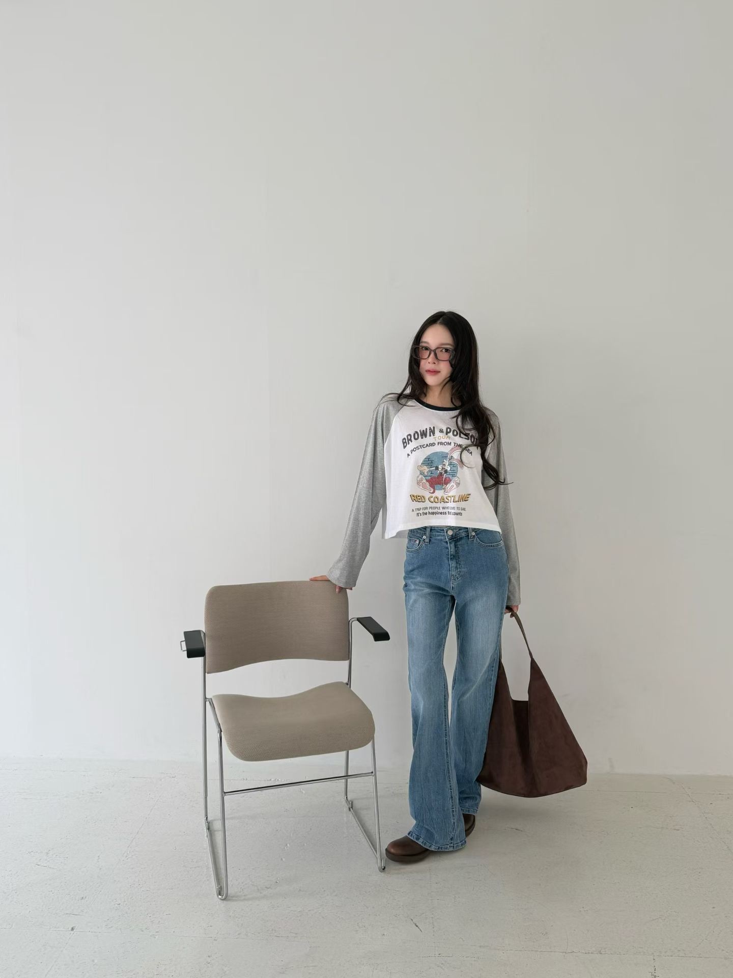 韓國拼接兔子灰色薄長袖