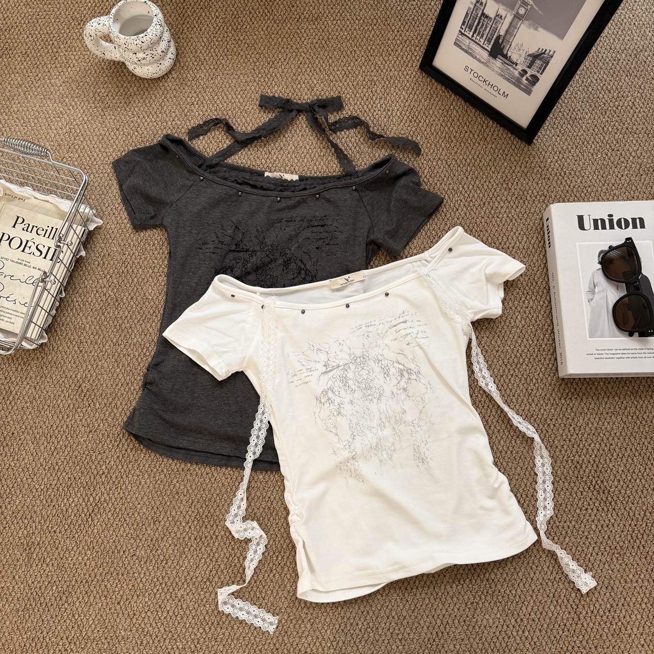 502942 蕾絲綁帶假兩件短T (R)