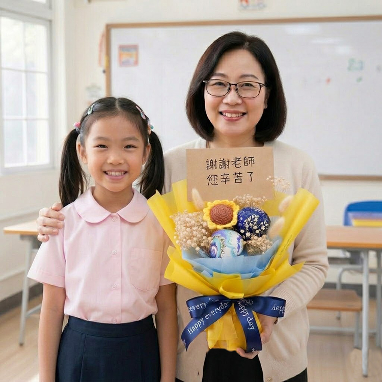 小女孩與女老師在教室微笑合照，老師手持黃藍色艾草捶花束，卡片寫著「謝謝老師 您辛苦了」。