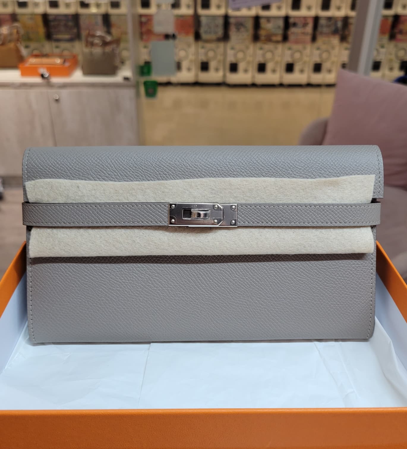 99%/UNUSED HERMES KELLY WALLET M8 Gris Asphalte/BLEU INDIGO CK