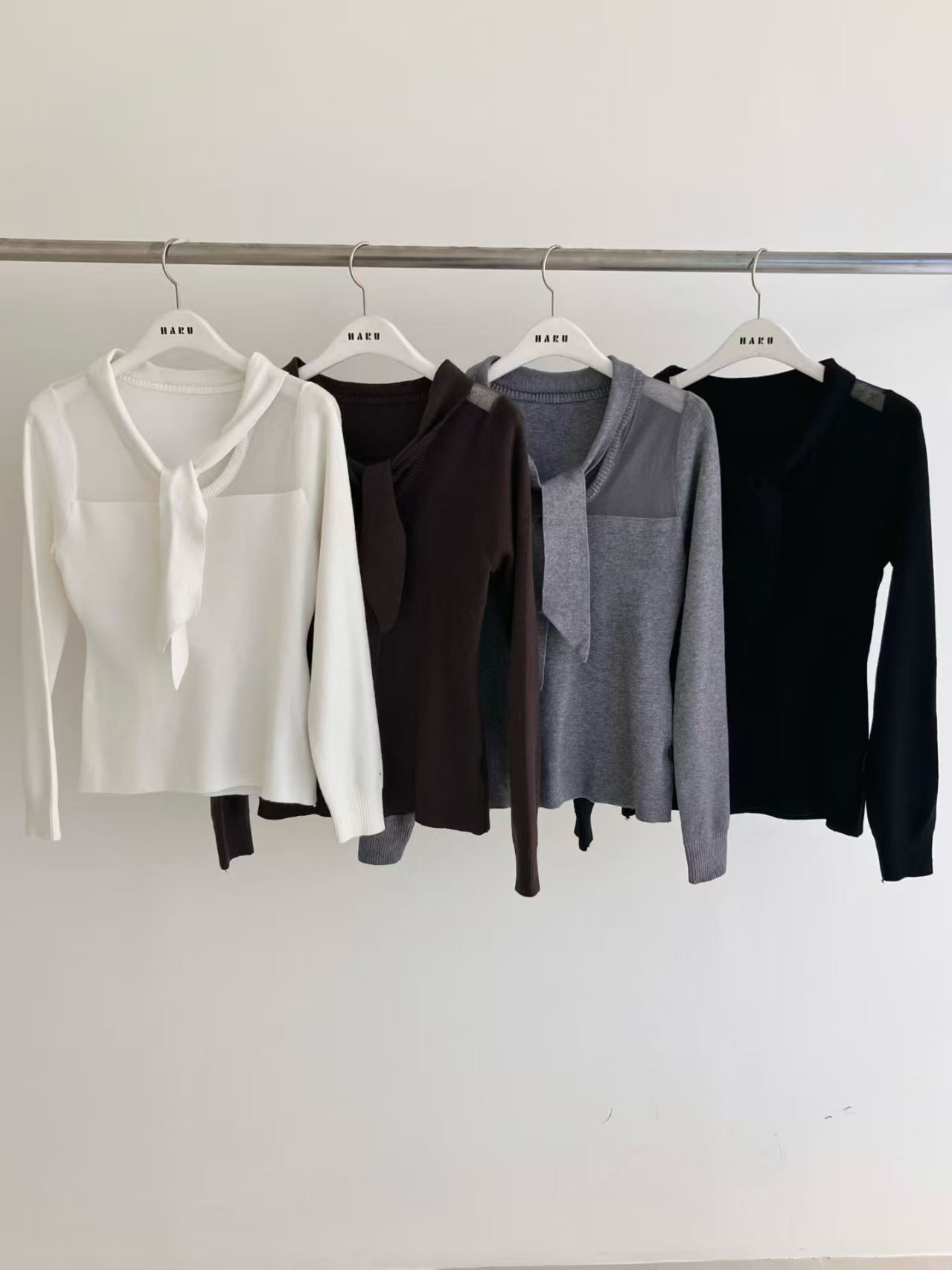 HU6042 水手領巾薄紗拼接上衣