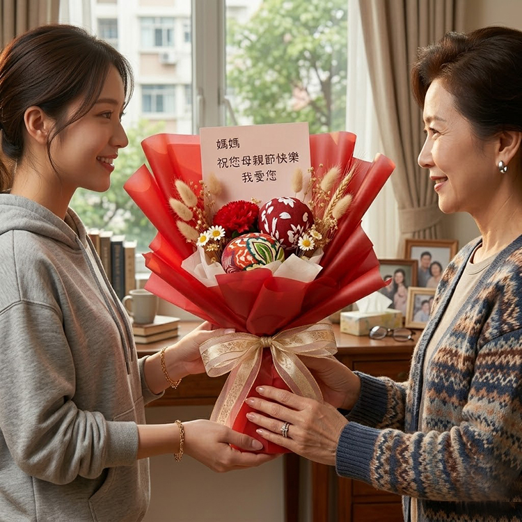 一位年輕女子（左側，穿著灰色連帽衫，頭髮半束起）正面帶燦爛笑容，將一束特別的禮物花束遞給她的媽媽（右側，年紀較長的婦女，穿著藍棕色圖案針織開衫，戴著珍珠耳環）。 兩人站在室內窗邊，背景可見城市建築與綠樹，室內有木櫃、相框與書籍，氛圍溫暖而親切。