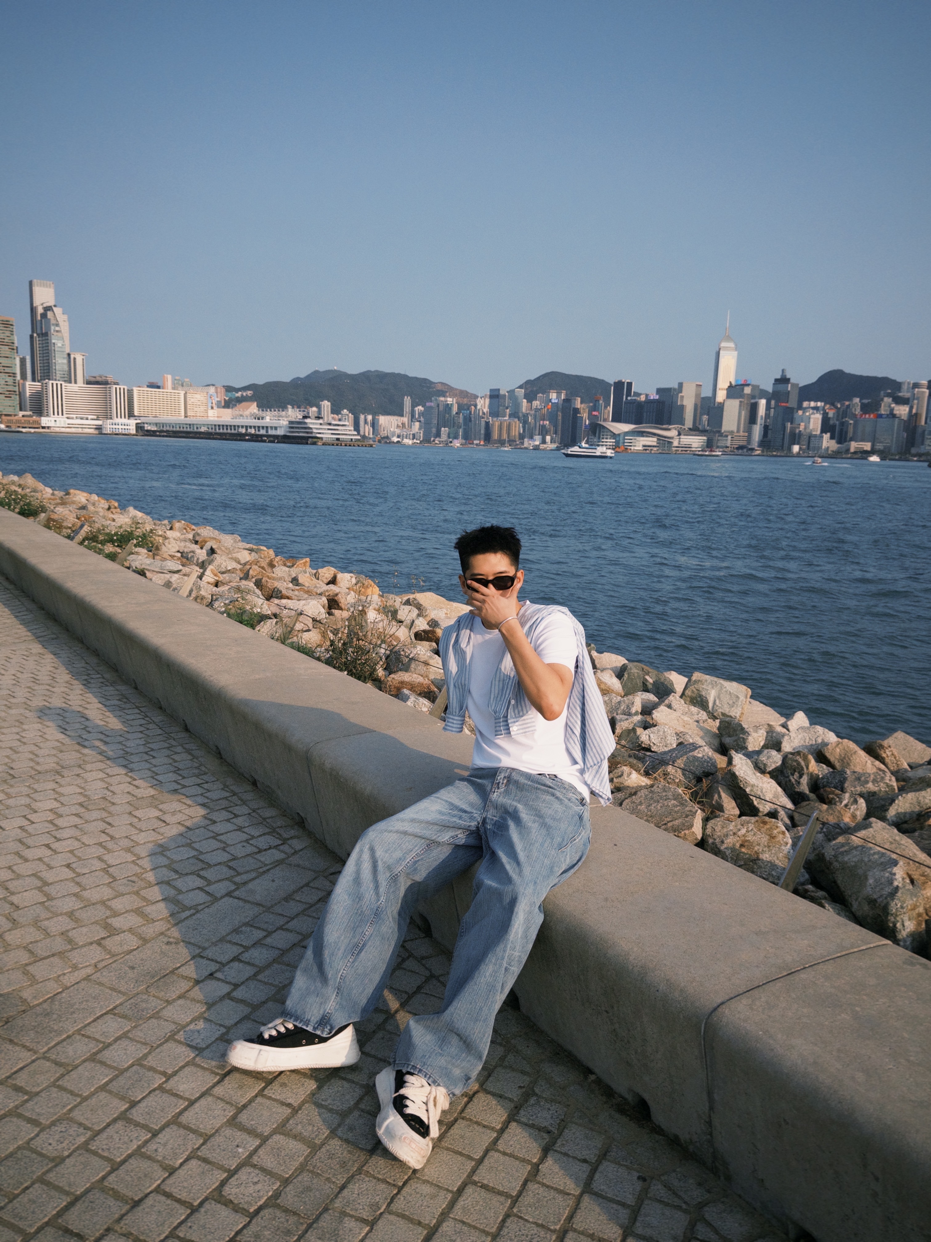 竹節紋寬鬆牛仔彎刀褲/竹節紋