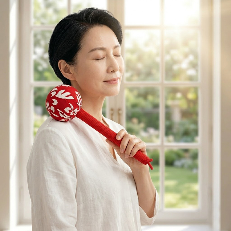 一位氣質優雅的成熟女性在明亮的窗邊閉目養神，肩膀上靠著一支紅底白花紋的艾草搥，營造出溫馨、舒適的居家按摩與舒壓情境。