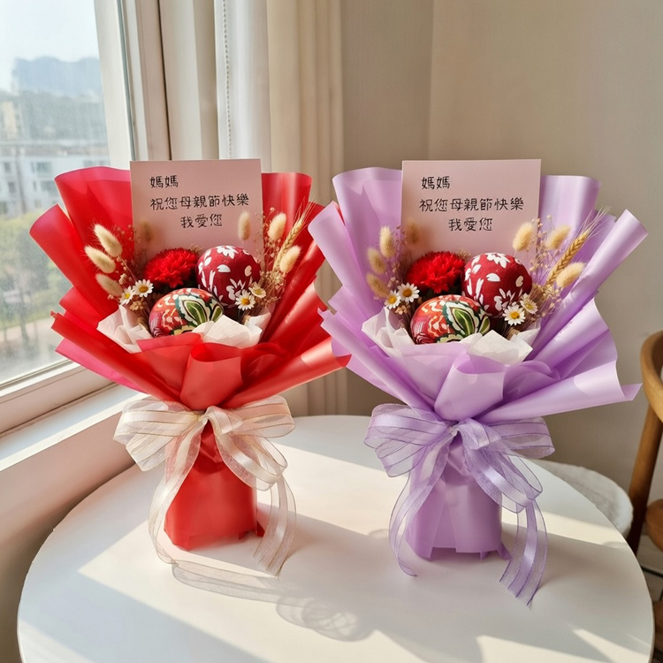 右紅色、左紫色,艾草捶花束，內含艾草捶、向日葵、乾燥花與卡片。