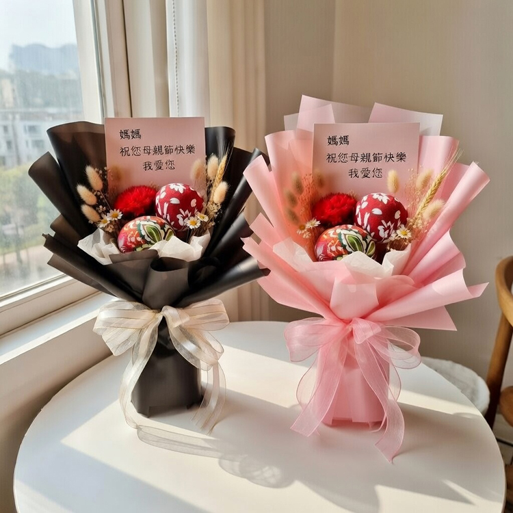 右粉色、左黑色,艾草捶花束，內含艾草捶、乾燥花與卡片。