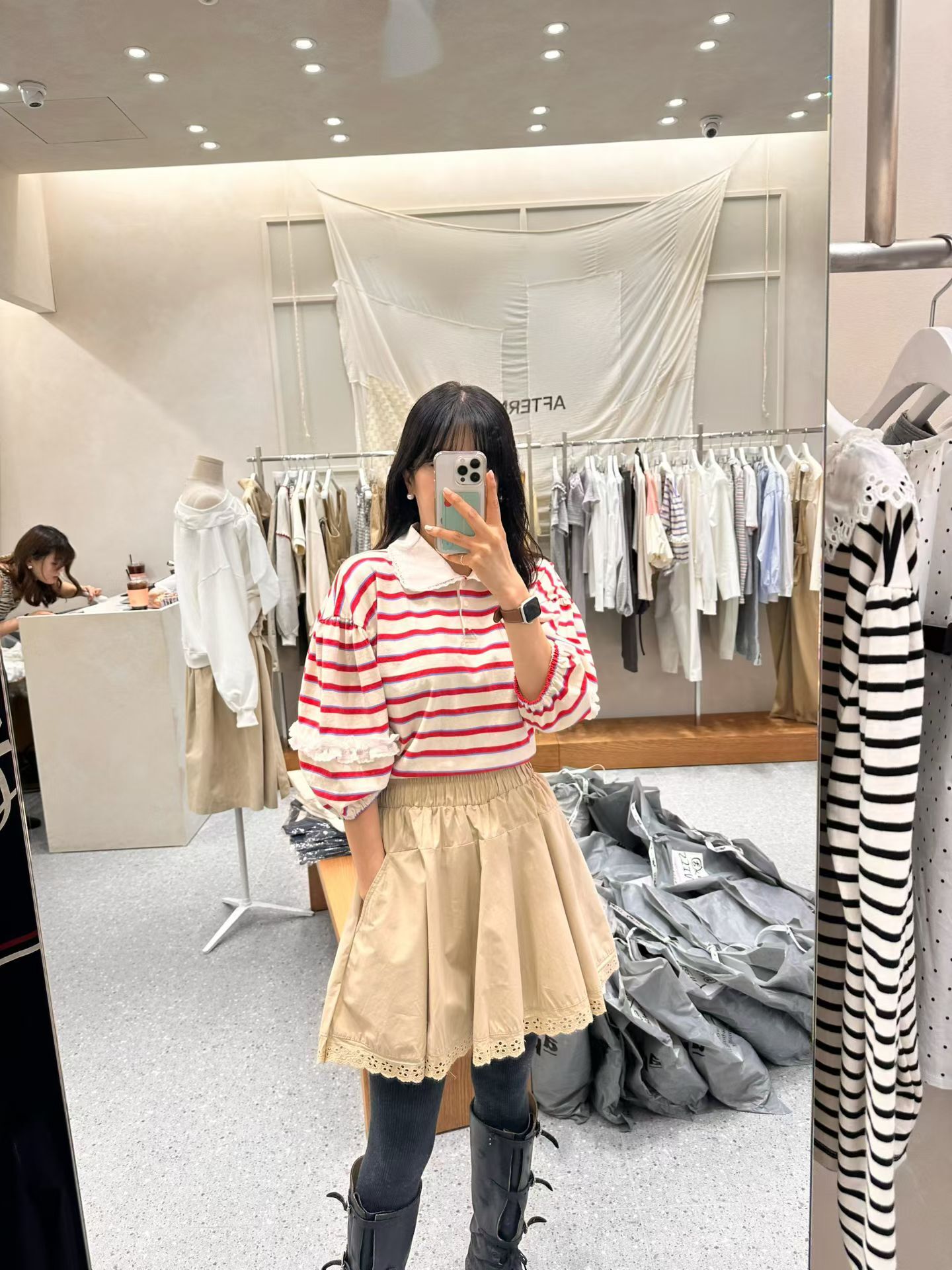 AF6039 反領泡泡袖條紋上衣