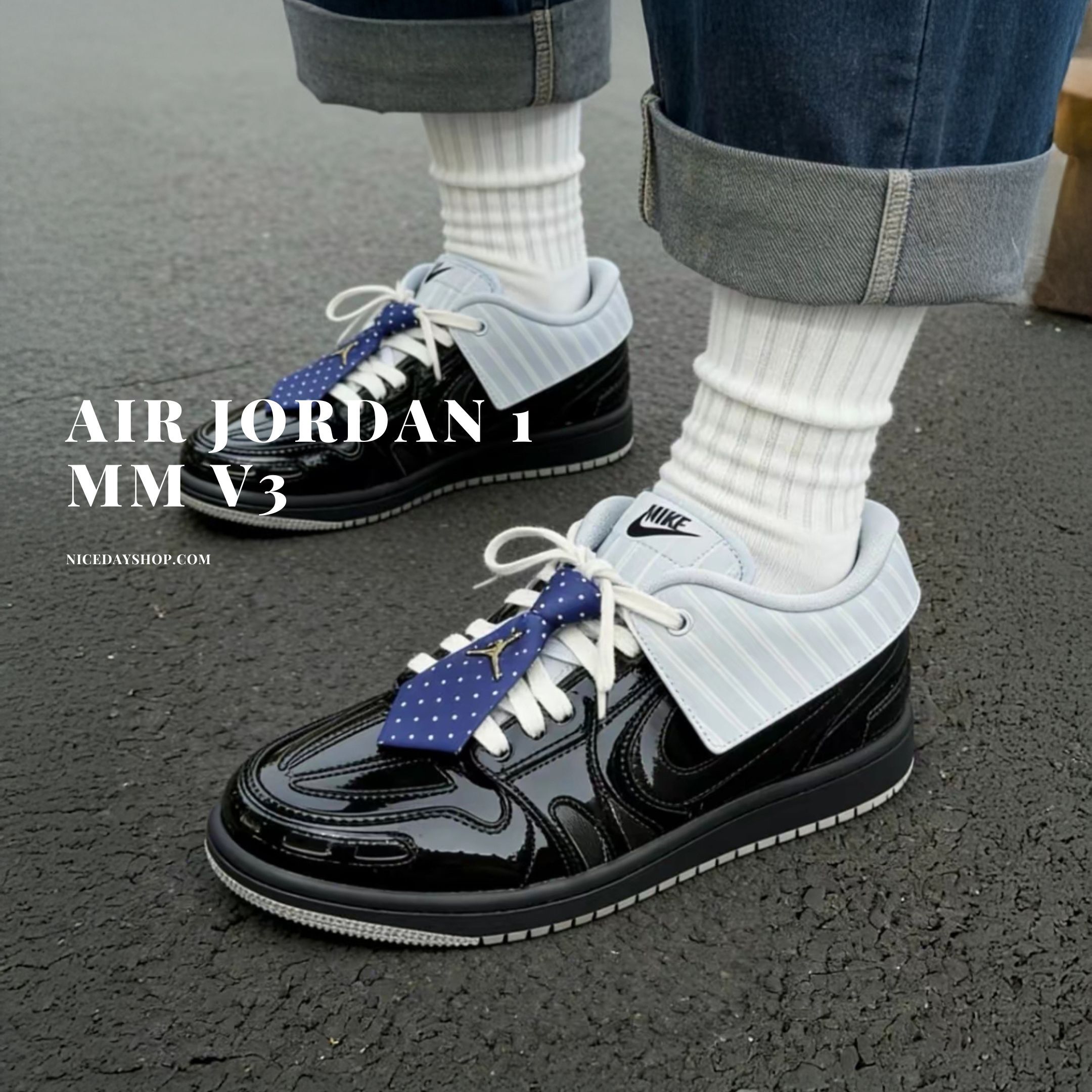 NICEDAY 代購 Nike Air Jordan 1 MM V3 黑色 條紋 漆皮 皮革 西裝 領帶 IR7554-001