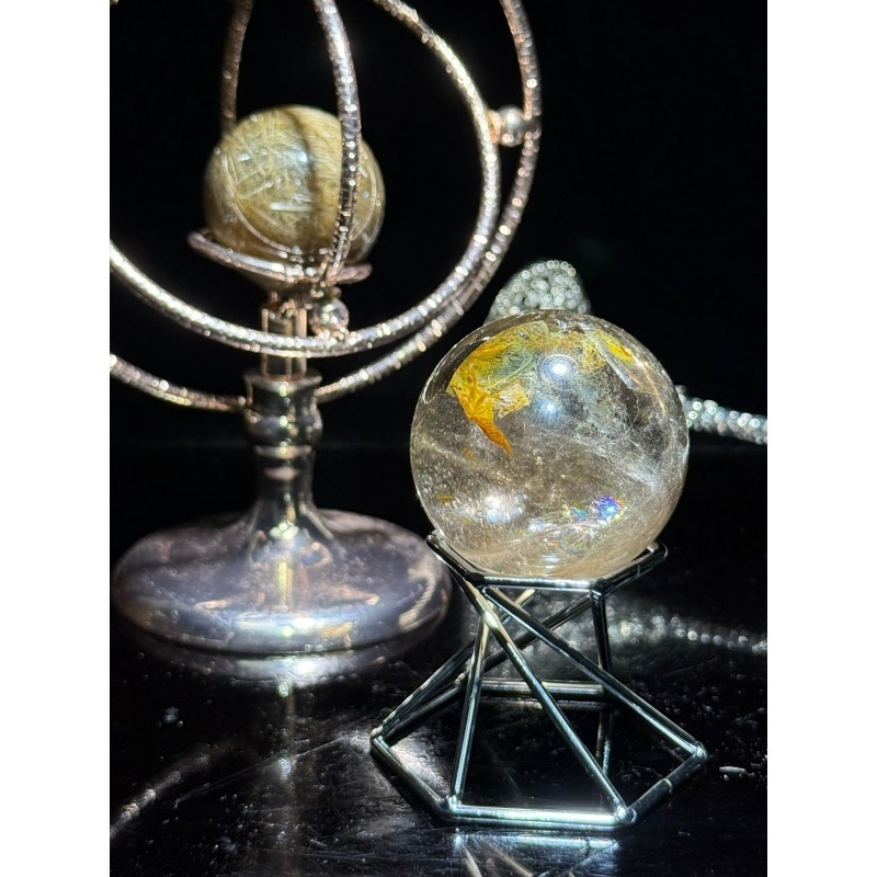 HKCG0327-036 精品茶王晶黃膠花爆七彩水晶球 47mm (A36)