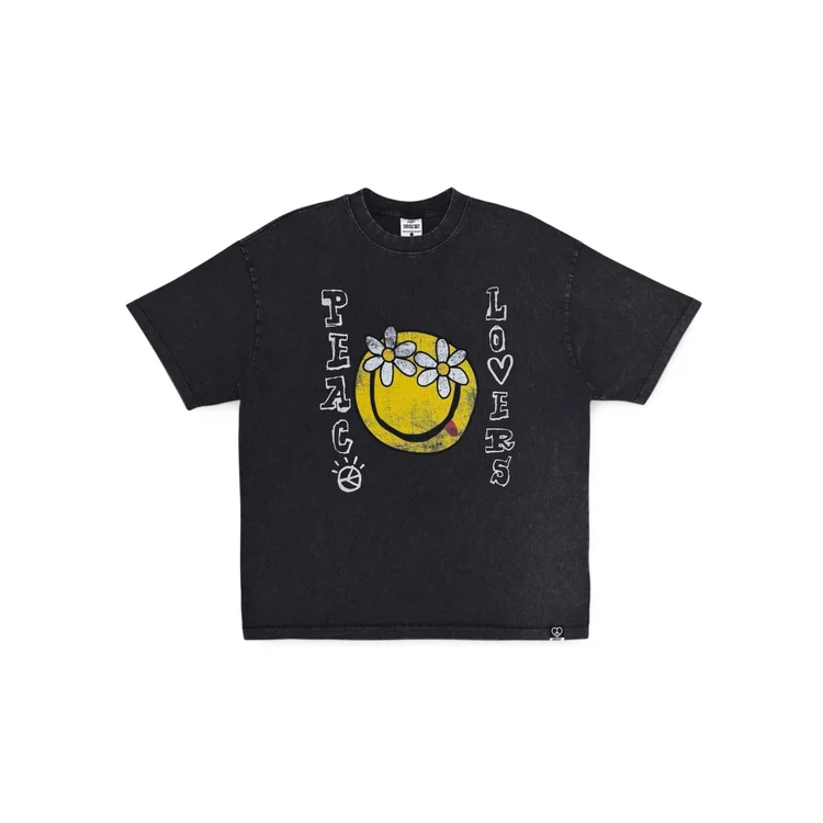 2nd Closet "Peace Lovers Smiley" Washed T-shirt - BLACK | TE05