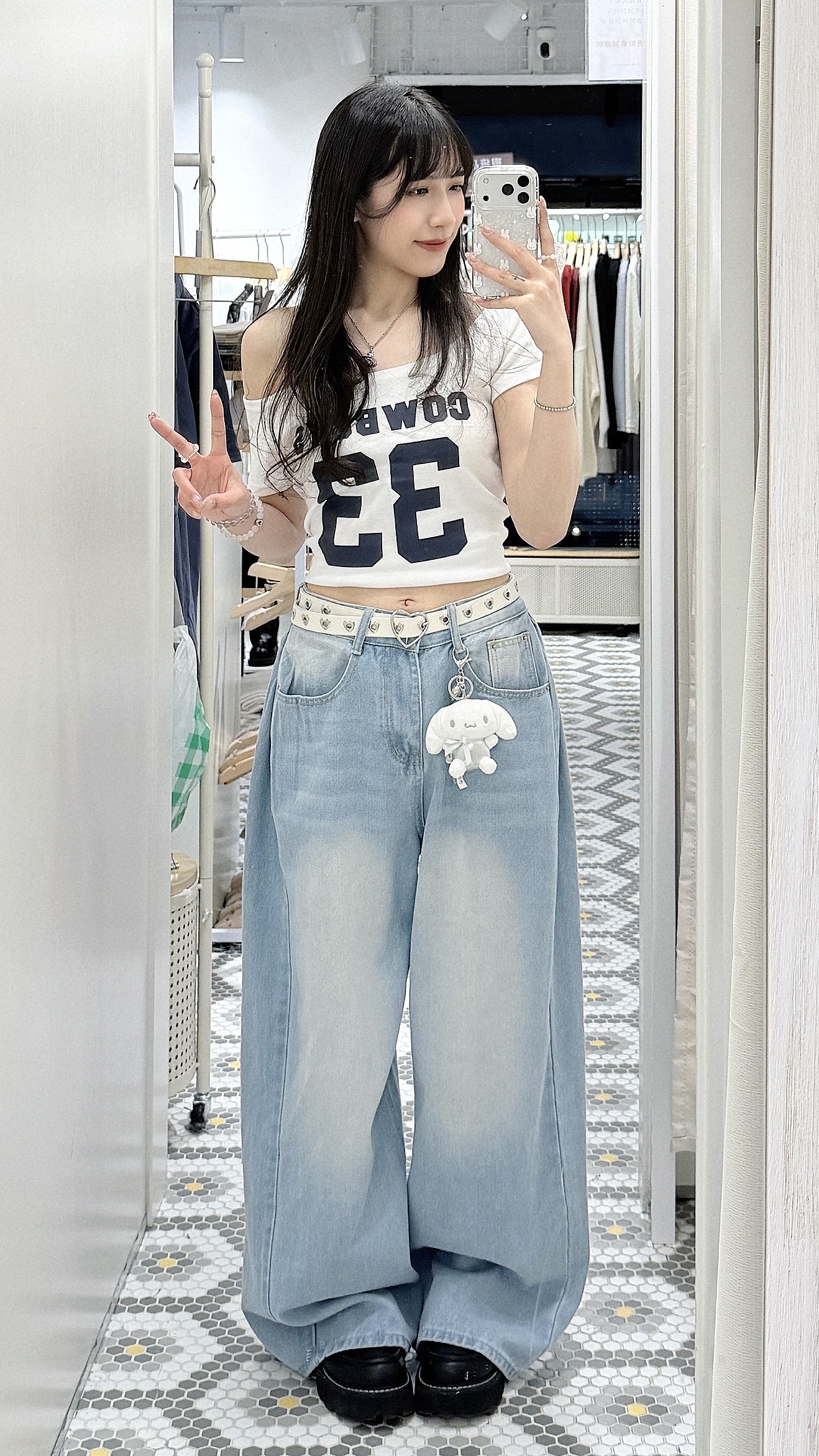 P0255｜休閒日常必備 洗水色闊腳牛仔褲✜ 🐋꒱°˖