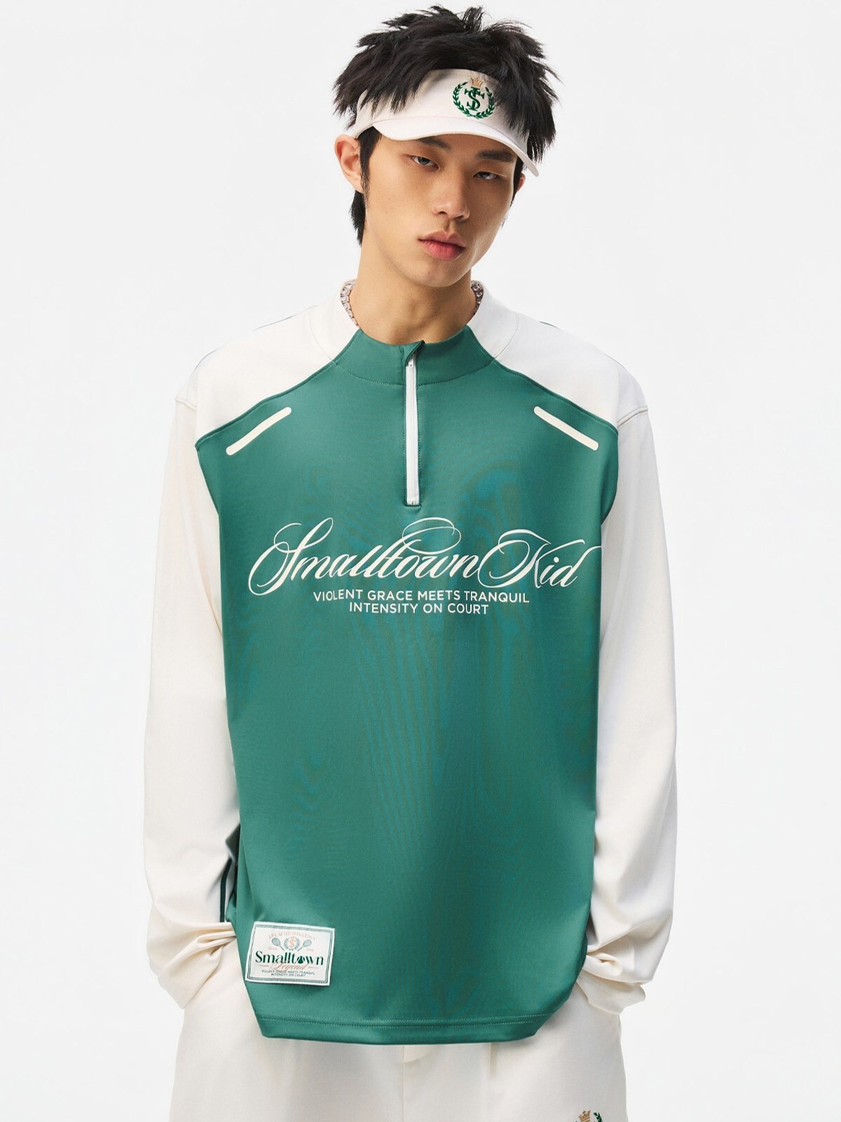 STK SmallTownKid 網球系列 草寫字體Logo  撞色拼接 速乾半拉鍊 長袖T