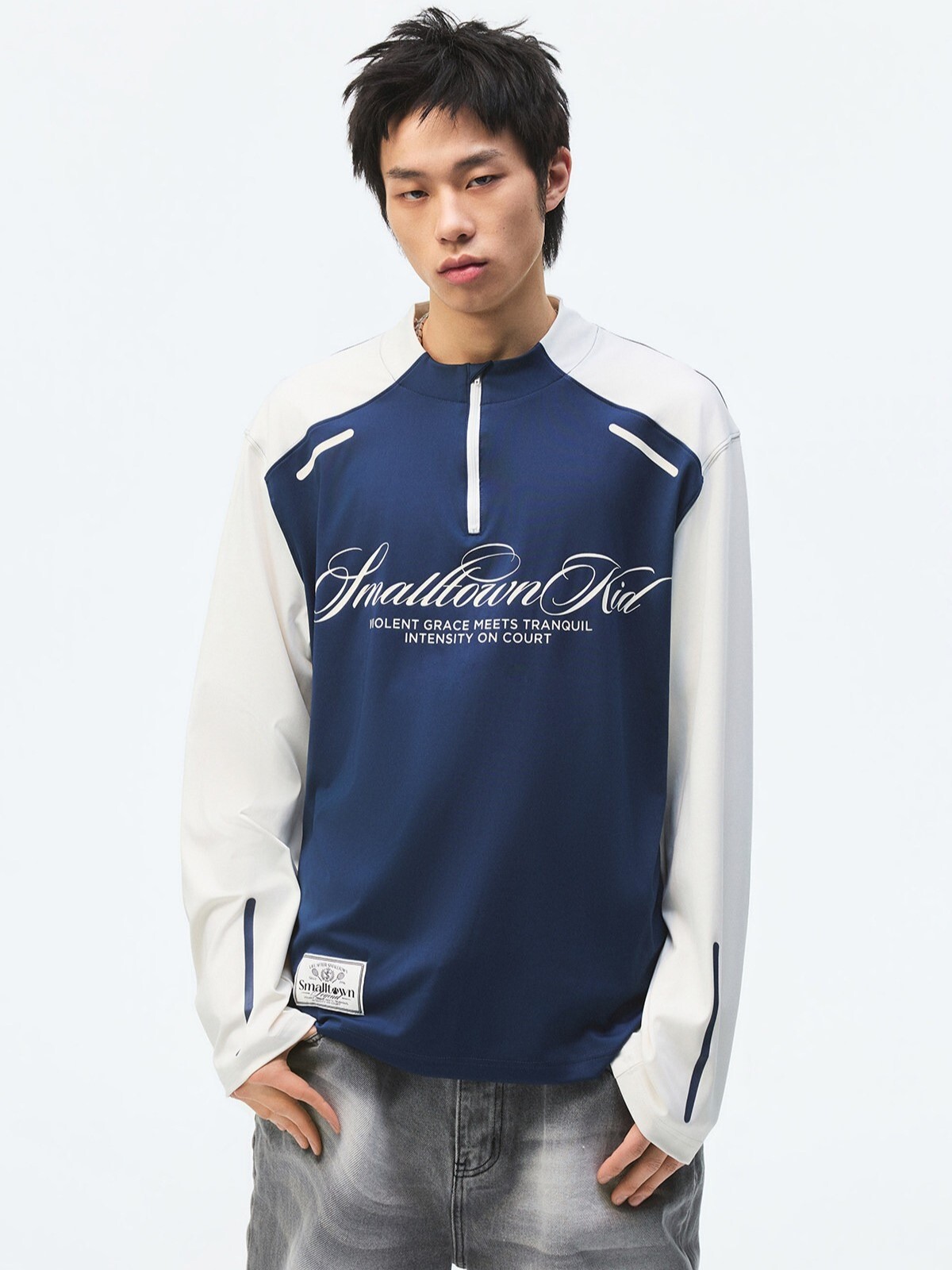 STK SmallTownKid 網球系列 草寫字體Logo  撞色拼接 速乾半拉鍊 長袖T