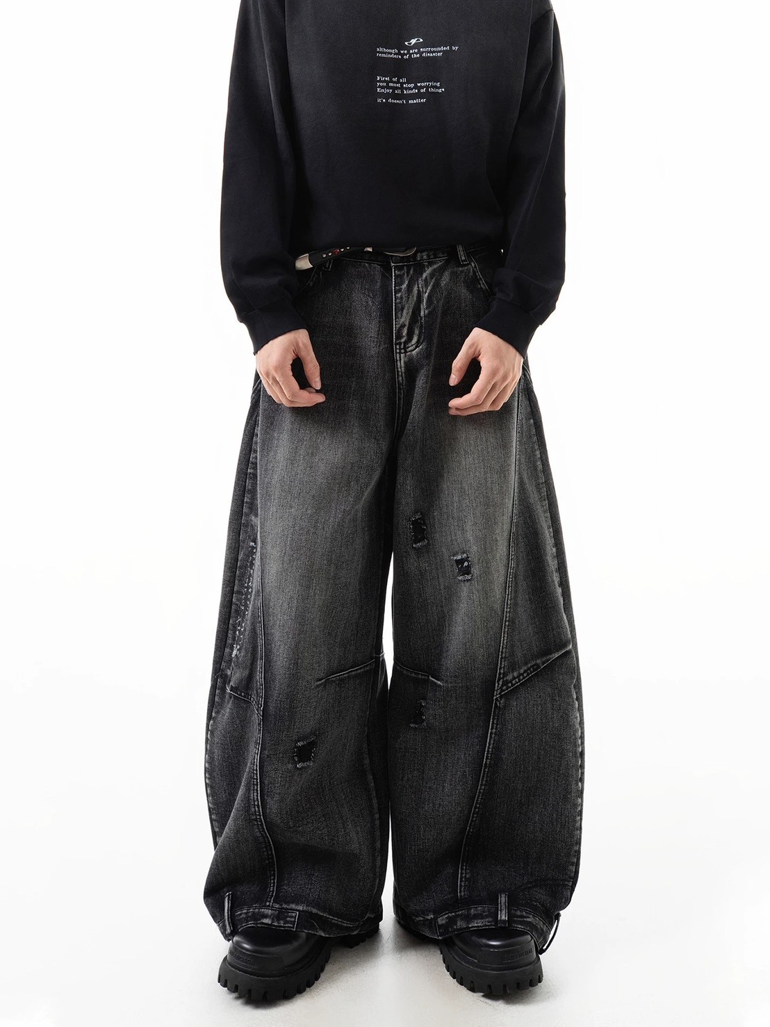 (GOAL) 黑倒影 立體縫補車線 闊腿落地彎刀褲 UNF K316