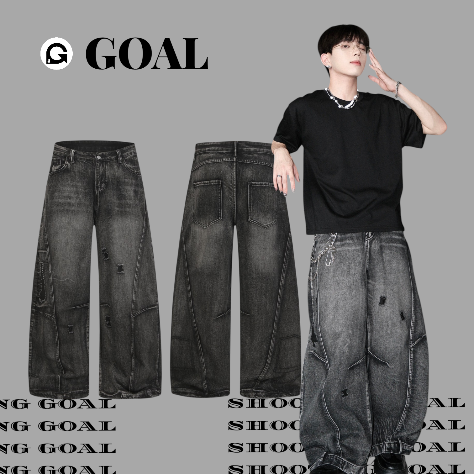 (GOAL) 黑倒影 立體縫補車線 闊腿落地彎刀褲 UNF K316