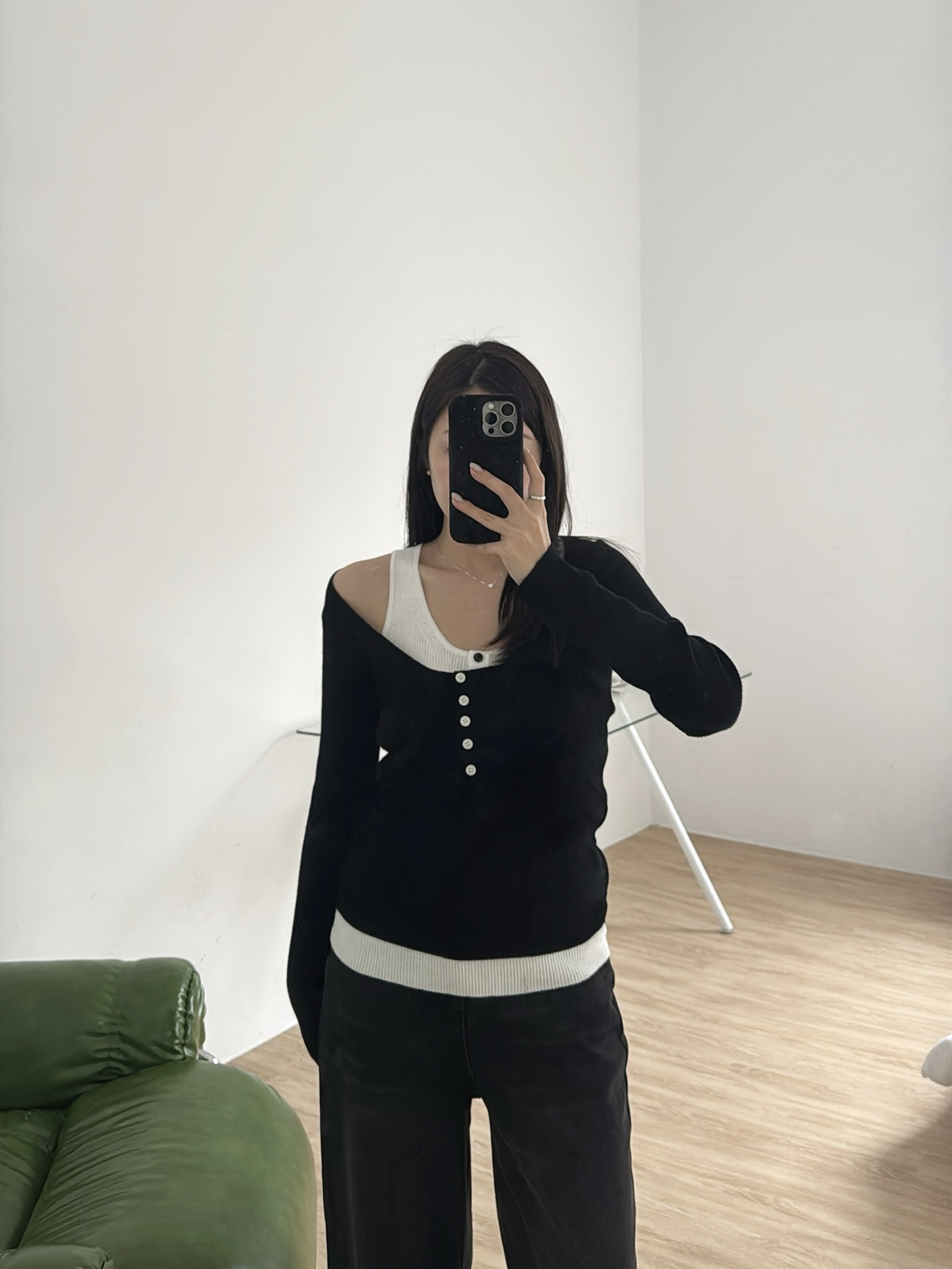 U14 假兩件式鈕扣上衣(黑白/灰白/藍色）