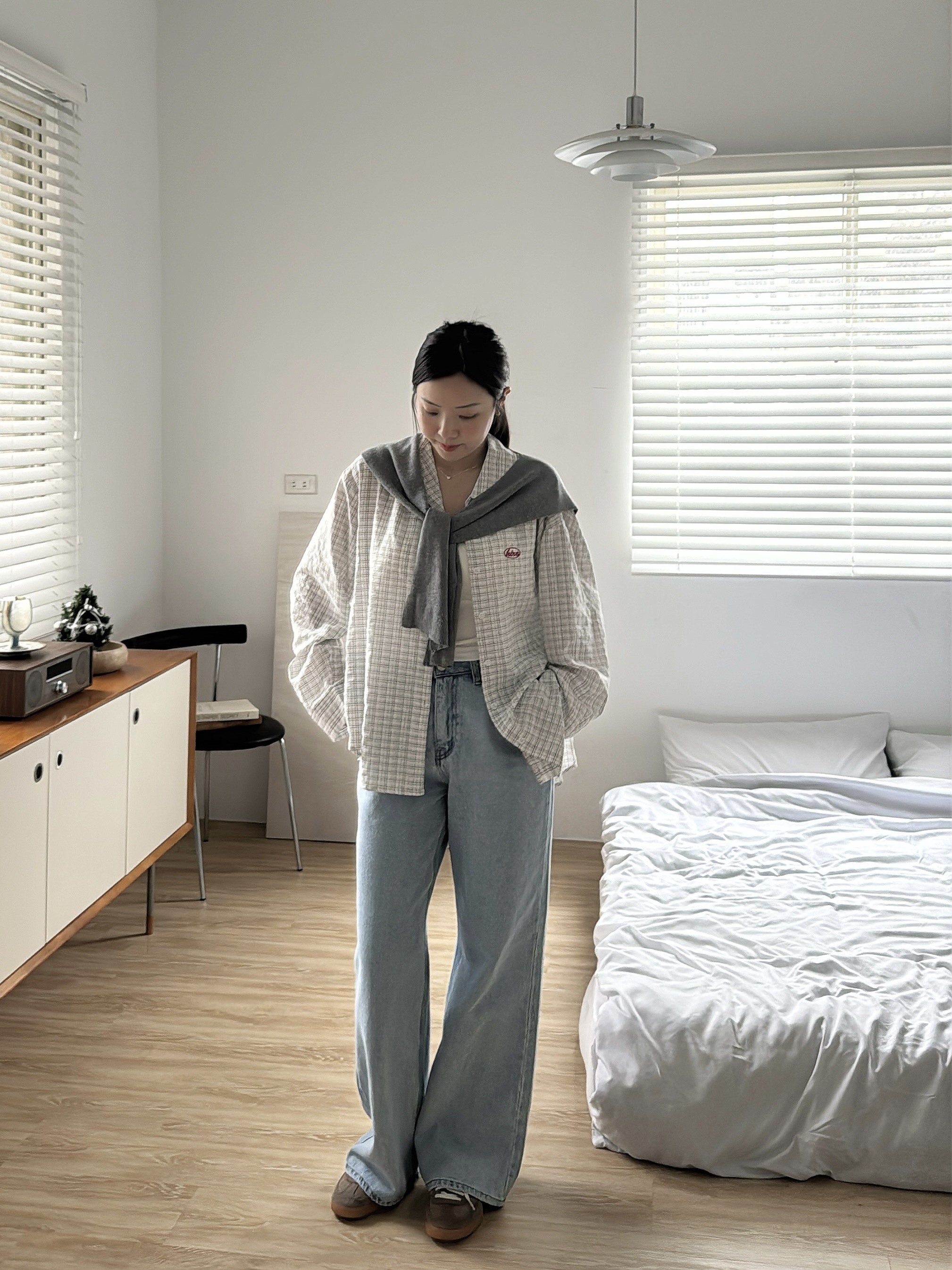 L22 泡泡紗襯衫(附披肩)(深藍/白)