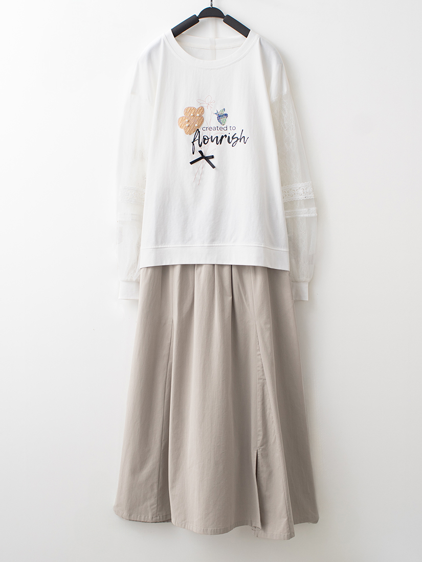 雙層蕾絲上衣日剪接設計開衩純棉長裙組合