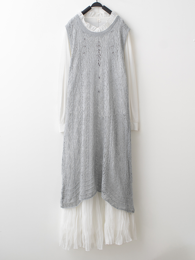 簍空針織罩衫荷葉小立領襯衫雙層柔紗長裙組合