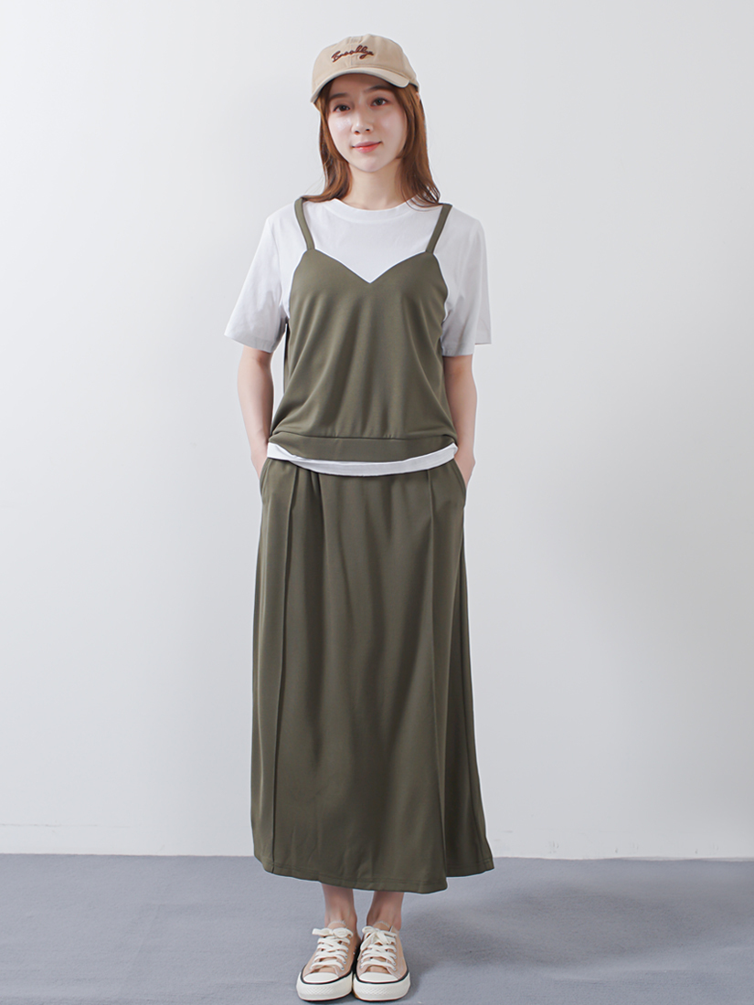 層次感運動風拚色長裙兩件組