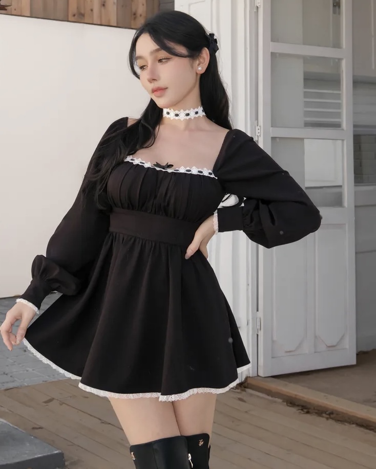 訂製-純欲方領蕾絲撞色連身褲裝