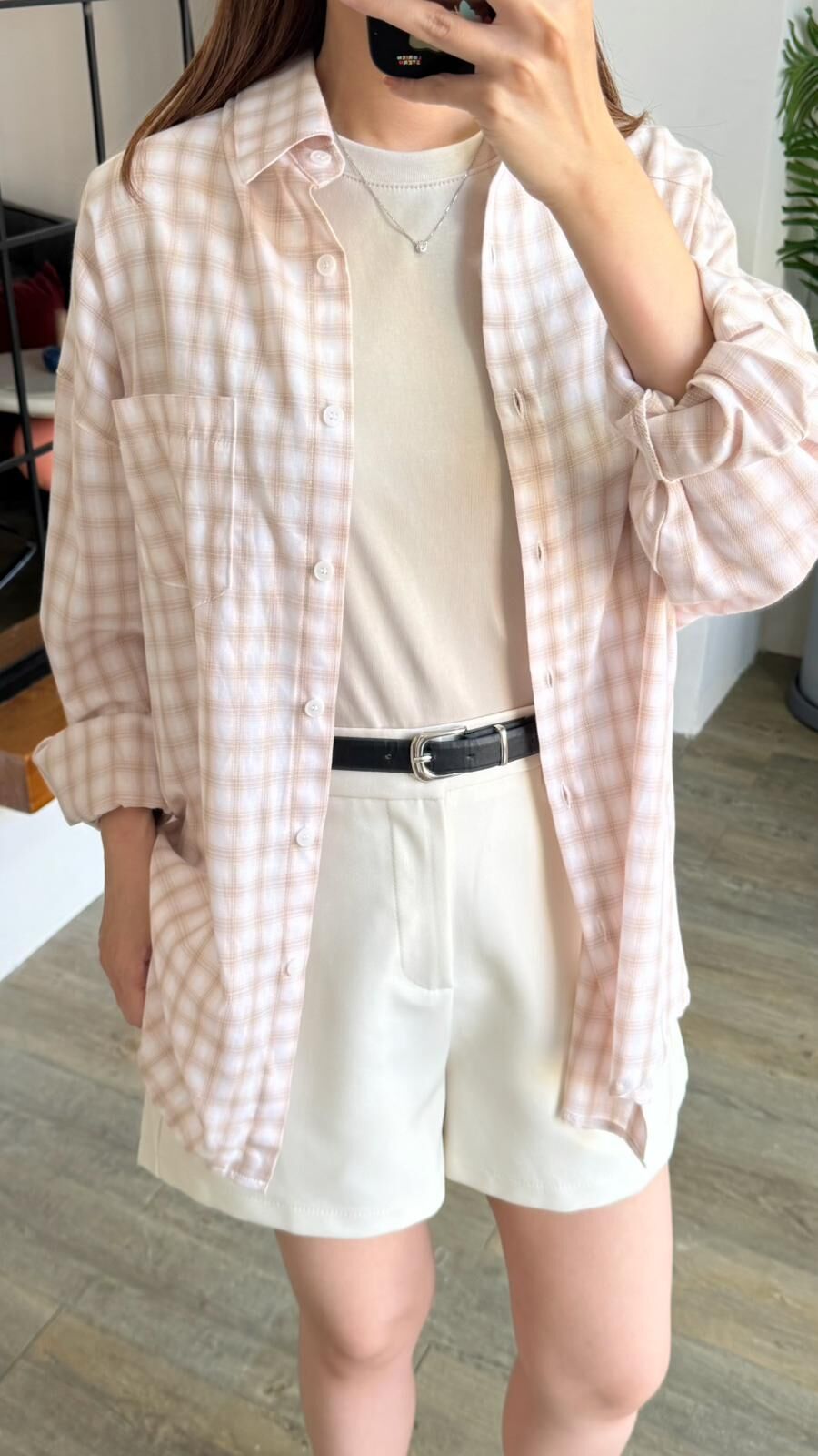 KR507 薄薄拼色格仔恤衫外套-2色