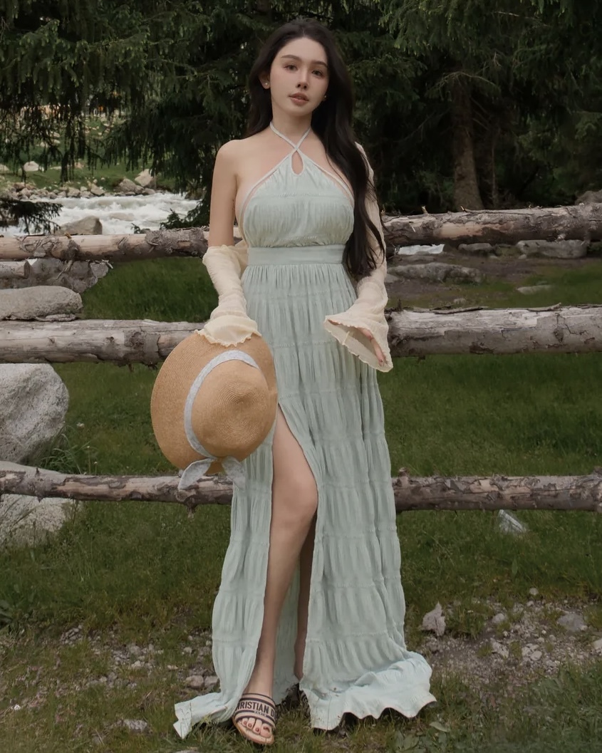 訂製-性感削肩露網紗壓皺長洋