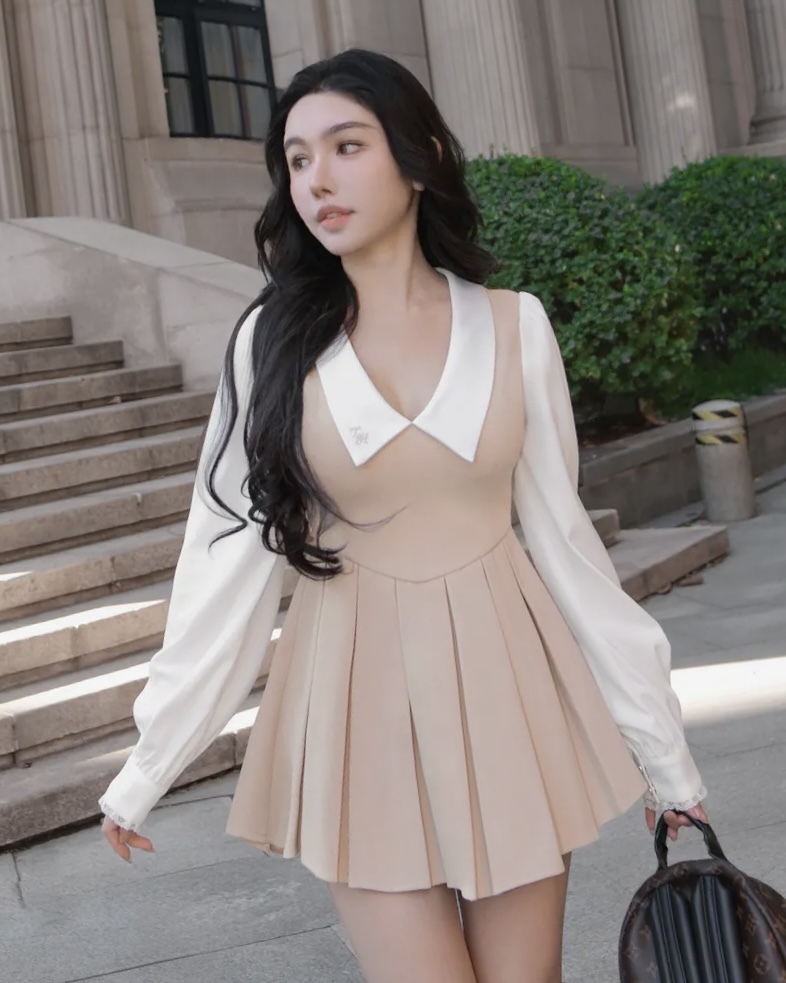 訂製-學院風假兩件翻領百褶傘洋