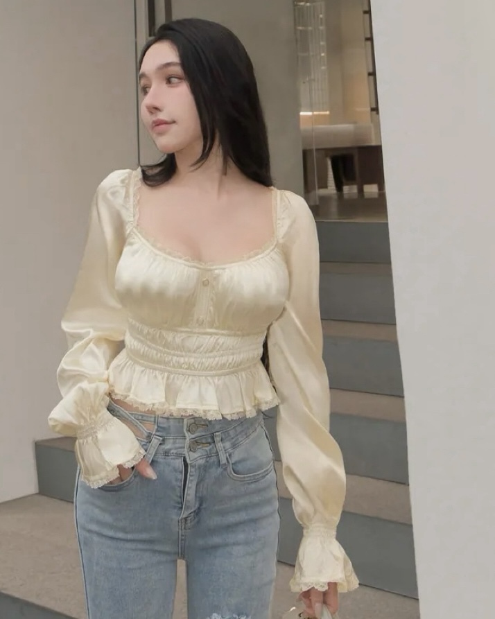 訂製-甜美柔光緞面抓皺長袖上衣