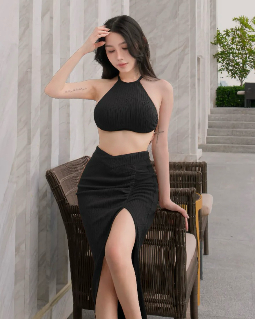 訂製-渡假麻花織紋削肩露背套裝