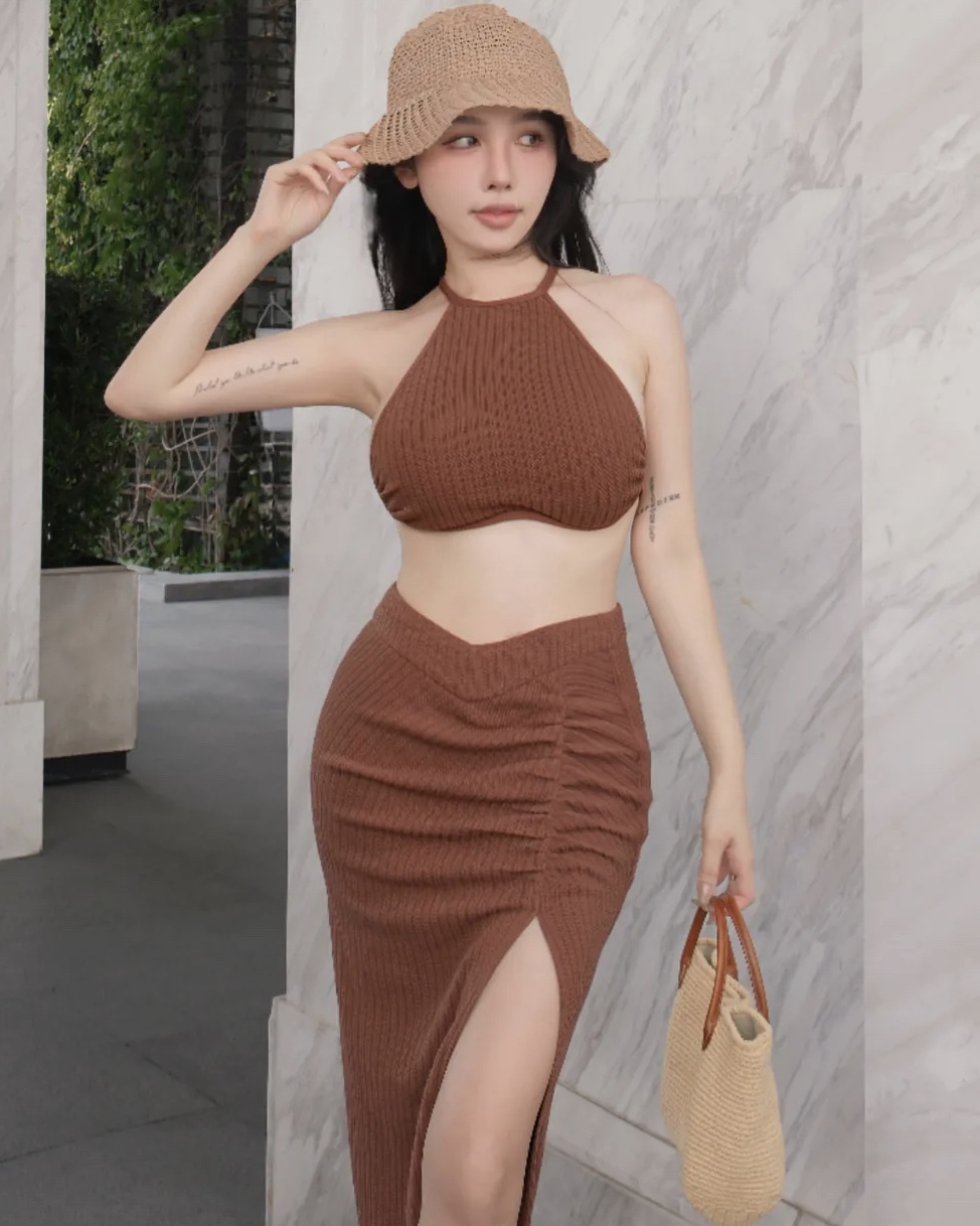 訂製-渡假麻花織紋削肩露背套裝