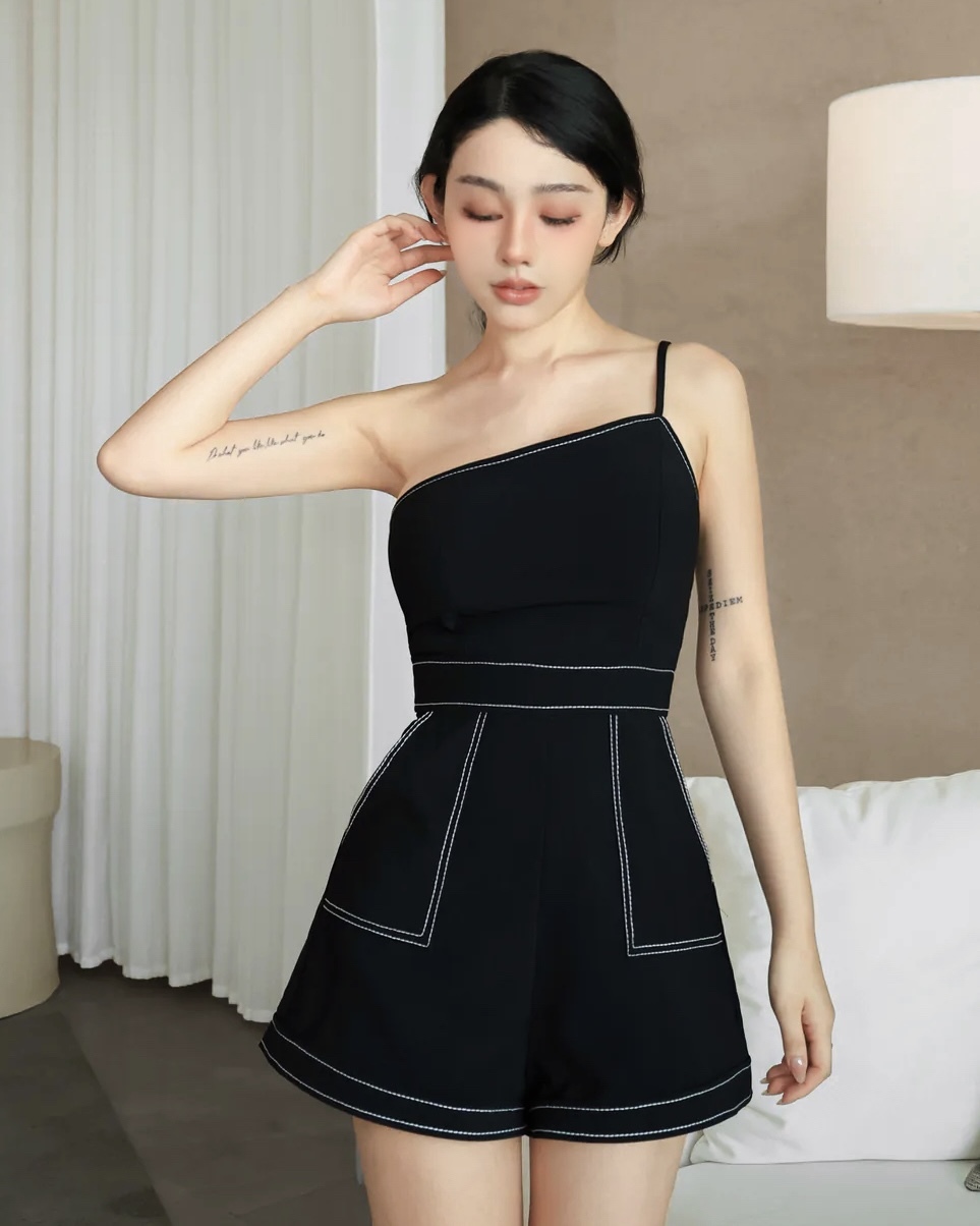 ⭒訂製-質感車線單肩連身短褲