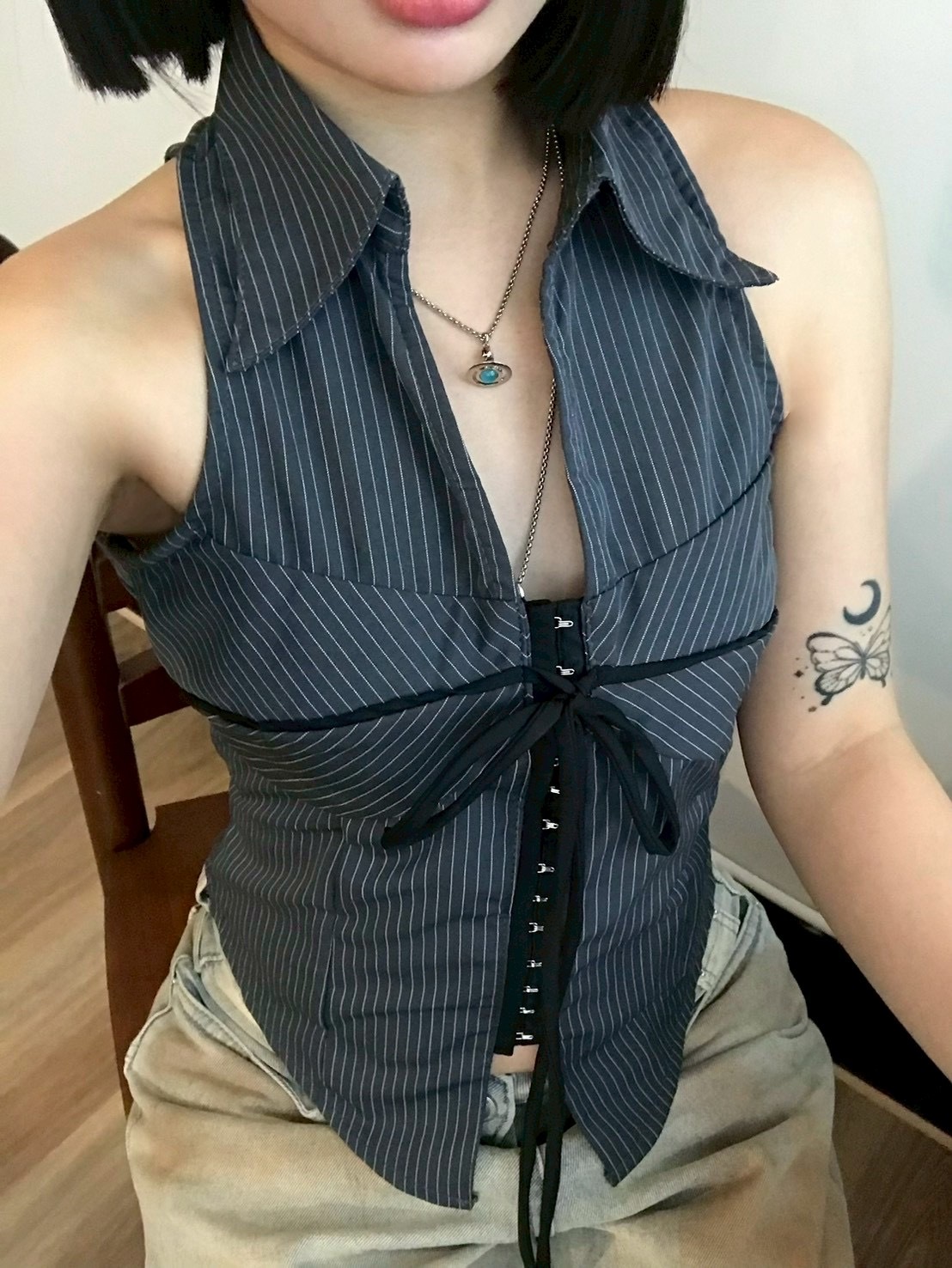 古早辣味 翻領條紋 收腰襯衫背心