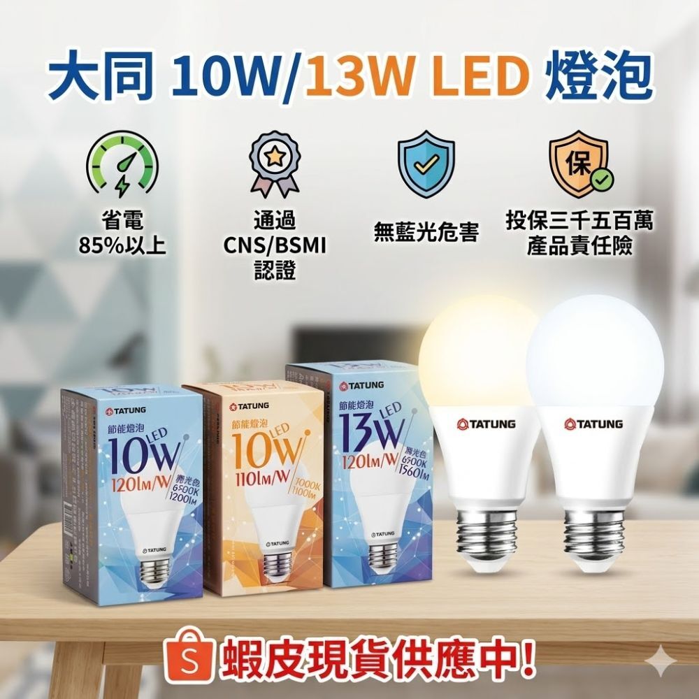 大同LED節能燈泡10W/13W｜E27燈頭 白光/黃光 高亮120lm/W CNS認證 省電照明燈泡【輕鬆購五金百貨】