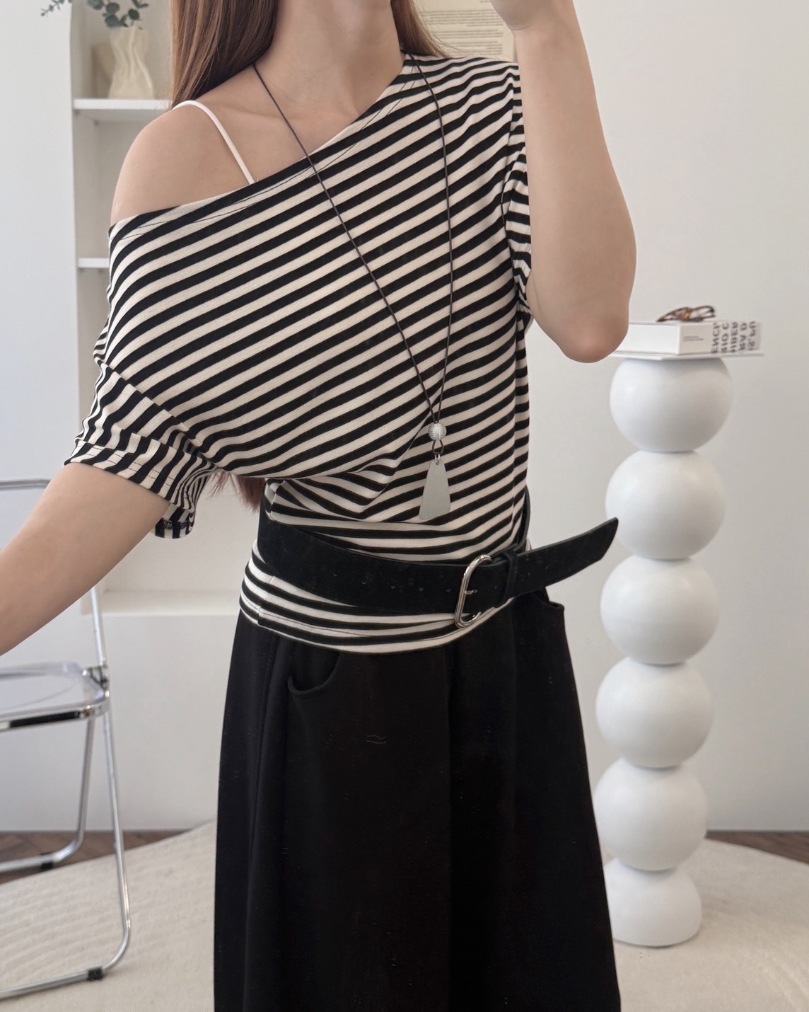 法朵Fado shop｜縮腰一字領棉T(附項鍊) 0215078 四色