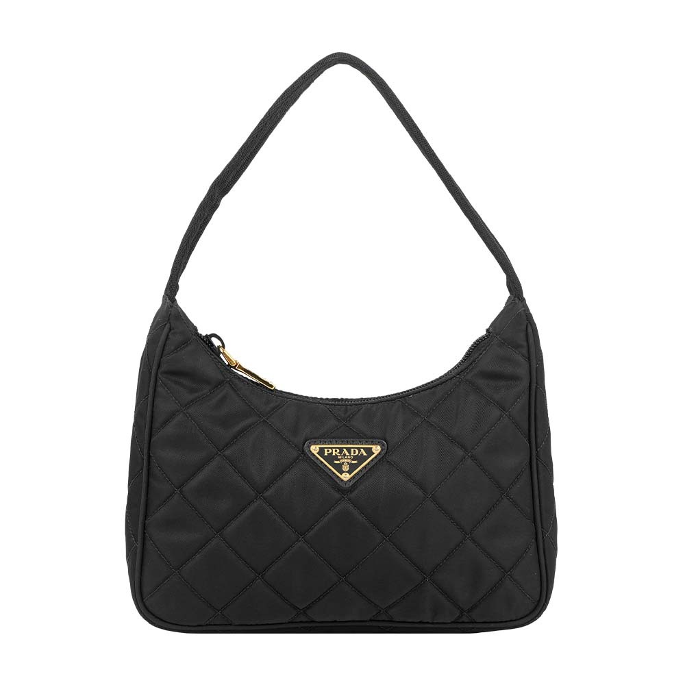 【Prada】金色三角牌Logo 菱格紋尼龍迷你手提包(黑色)