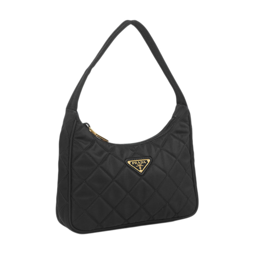 【Prada】金色三角牌Logo 菱格紋尼龍迷你手提包(黑色)