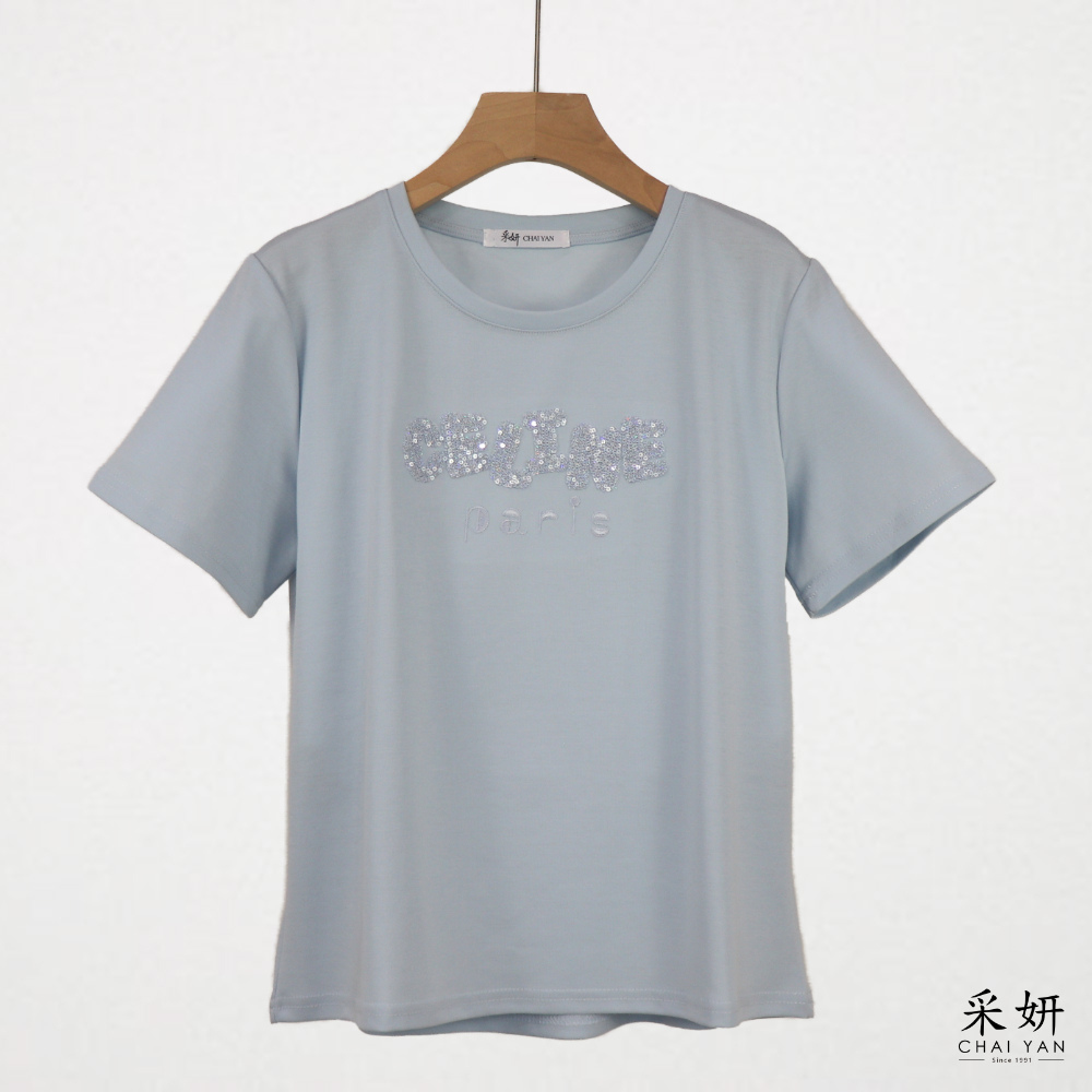 立體亮片字母滑棉短袖上衣